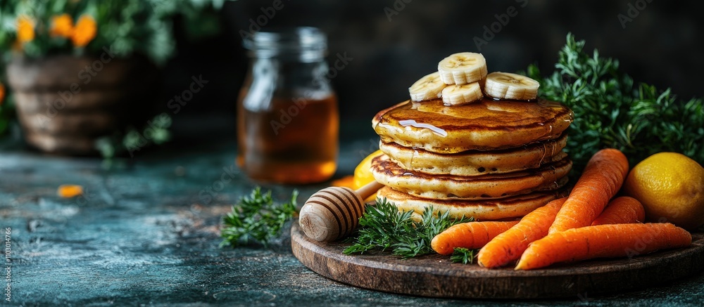 Poster delicious banana pancakes with honey served alongside fresh carrots and vibrant vegetables on a rust