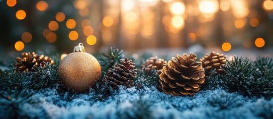 Christmas decorations with pine cones and a golden ornament on a snowy background with blurred festive lights in the distance