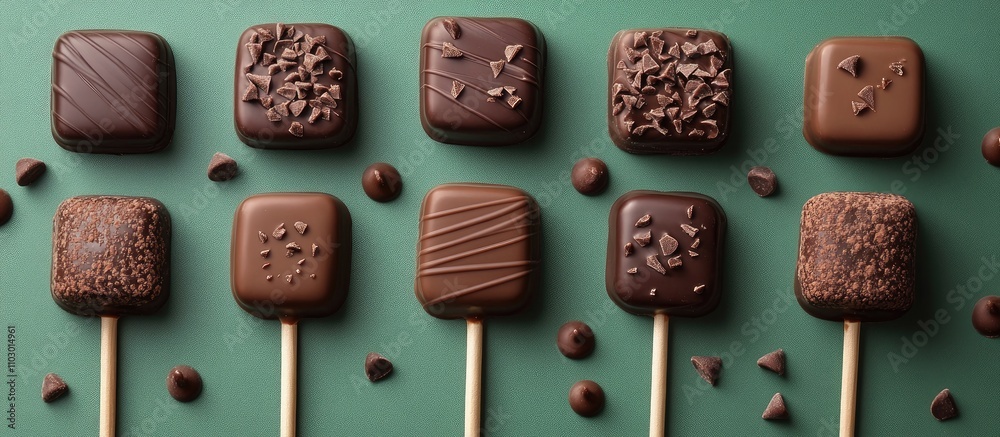 Aufkleber chocolate-coated square treats and sticks arranged artistically on a green surface with chocolate sh