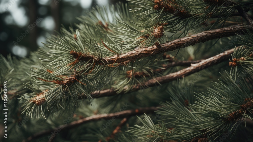 Poster close up of green pine tree branches showcasing detailed textures and natural beauty in a serene for