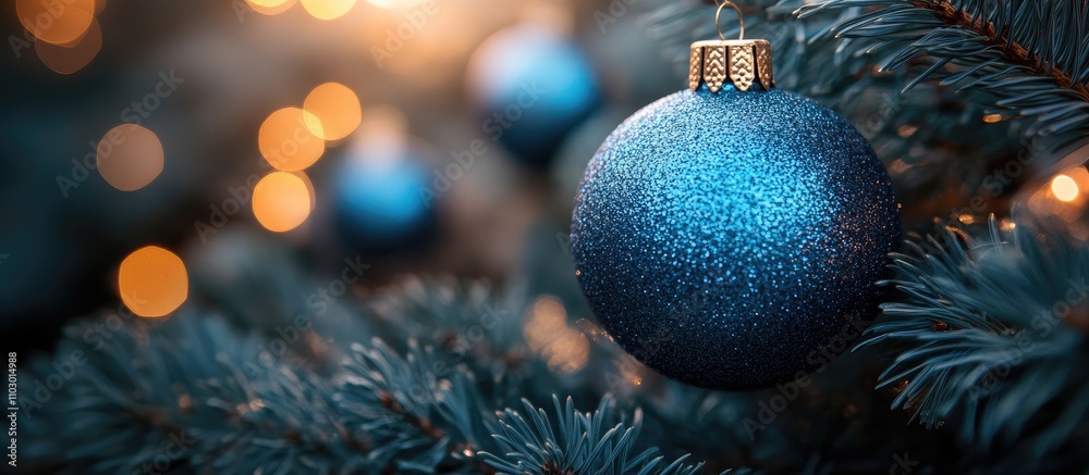 Poster blue ornament hanging on evergreen branches with a soft bokeh background showcasing christmas lights