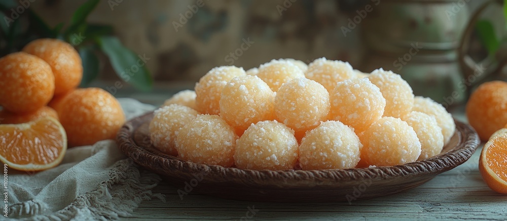 Aufkleber Coconut Sweet Laddoo arranged on a rustic plate with oranges in a soft moody backdrop highlighting traditional festive delicacies