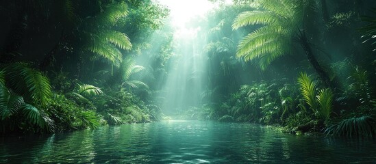 Obraz premium Lush Rainforest Landscape with Sunlight Filtering Through Dense Foliage Over Serene Water Body
