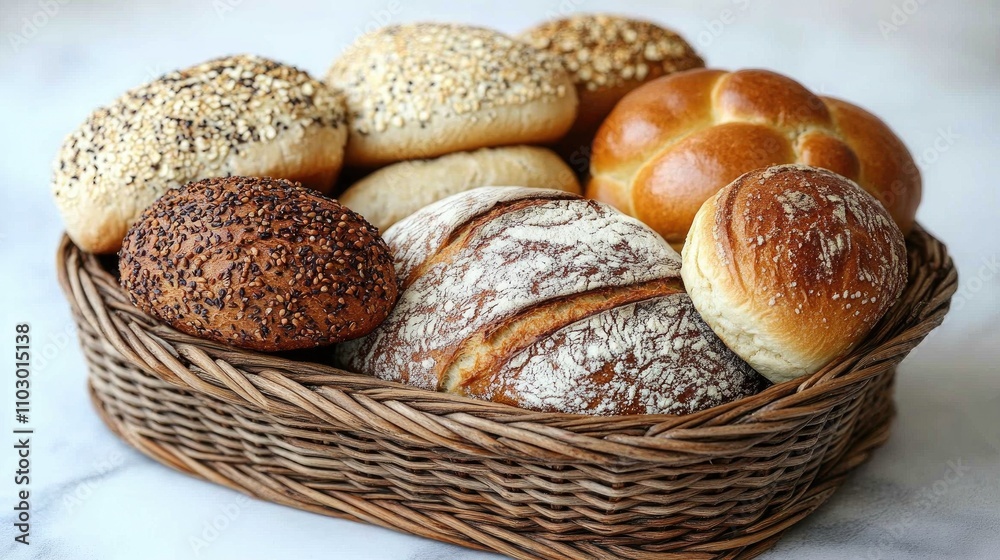 Poster Freshly baked assorted breads and rolls displayed in a wicker basket on a clean white background showcasing their textures and colors.