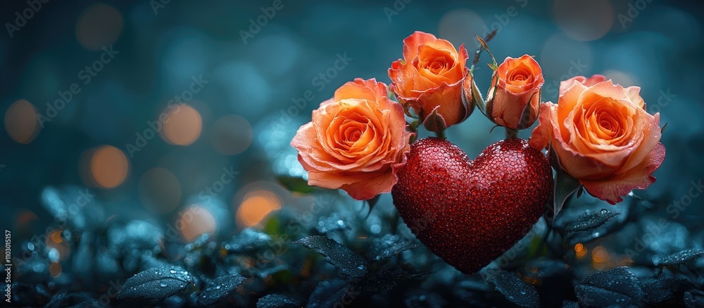 Poster romantic bouquet of roses with a sparkling red heart on a colorful blurred background for love and a
