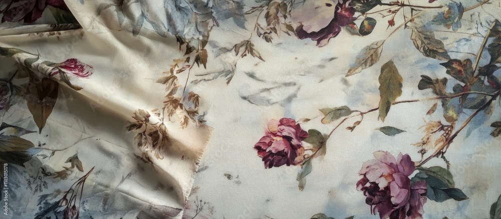 Poster floral patterned fabric displayed on a worktop with leaves and flowers removed for a clean and elega
