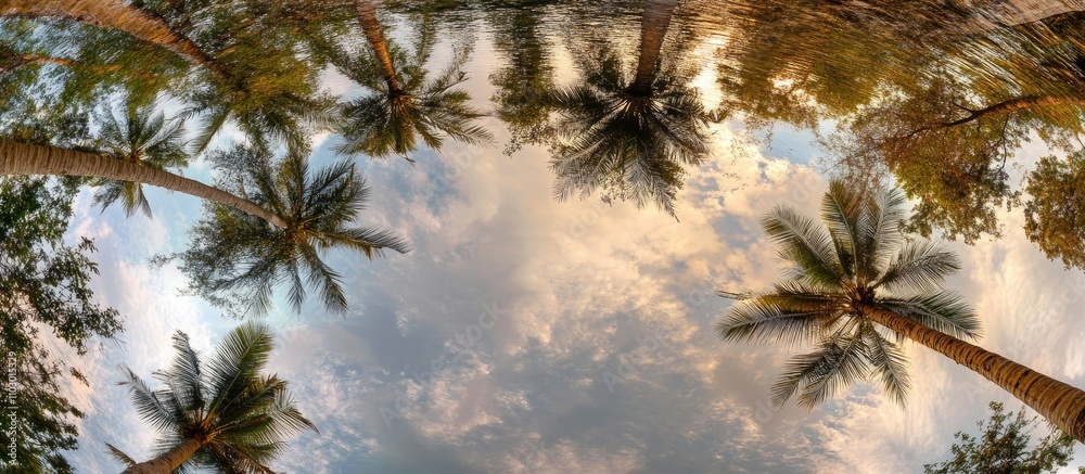 Poster majestic coconut trees under a clear blue sky with vibrant clouds creating a serene tropical paradis