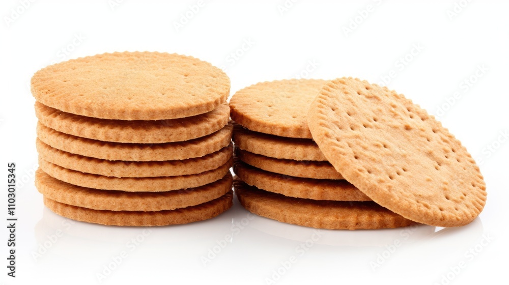 Poster whole wheat digestive biscuits stacked on a white background showcasing their round shape and textur