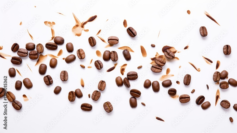 Poster coffee beans scattered on a clean white background with natural wood shavings creating a coffee-them