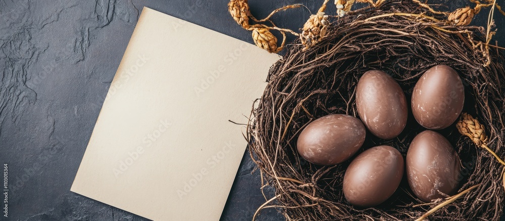 Poster Easter decorative chocolate eggs in a nest with an empty note paper for holiday greetings or messages on a dark background