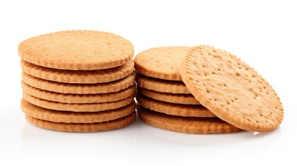 Whole wheat digestive biscuits stacked on a white background showcasing their round shape and texture for healthy snack concepts.