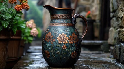 Handcrafted copper ewer jug with intricate floral engravings showcases ancient artistry in a decorative interior setting.