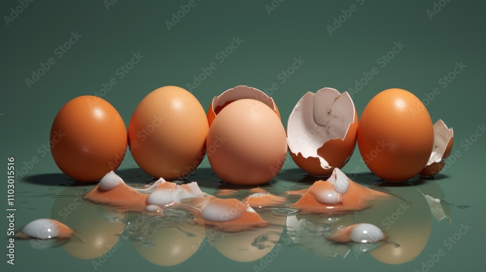 Aufkleber Fresh eggs with cracked shells and spilled yolks arranged artistically on a solid color background showcasing culinary possibilities.