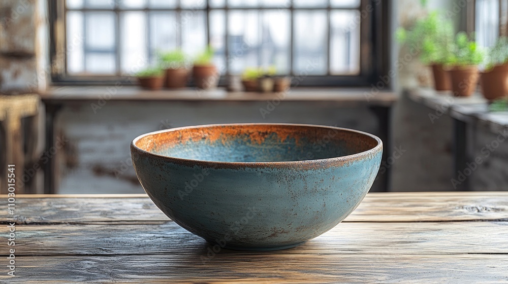 Poster handmade ceramic bowl with a rustic finish and warm colors set against a cozy background of potted p