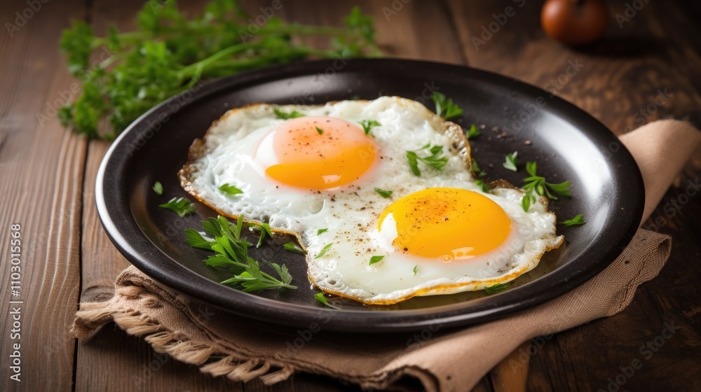 Aufkleber Fried eggs garnished with fresh herbs on a rustic table representing a simple nutritious breakfast in international cuisine