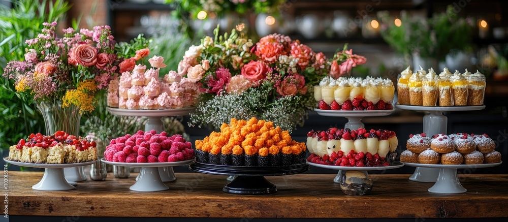 Poster Elegant wedding dessert table with floral arrangements and an array of colorful cakes and pastries on display.