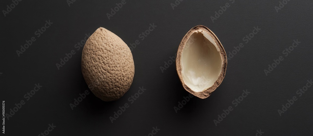 Poster natural almond nuts in their shell and without shell on a dark background for culinary and healthy e