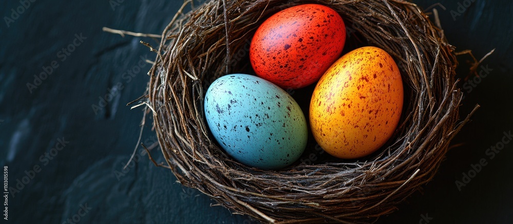 Poster colorful easter eggs nestled in a rustic nest offering space for personalized text and seasonal deco