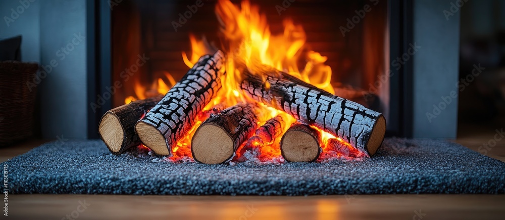 Poster Warm log fire creating a cozy atmosphere with vibrant flames and glowing embers in a rustic fireplace setting