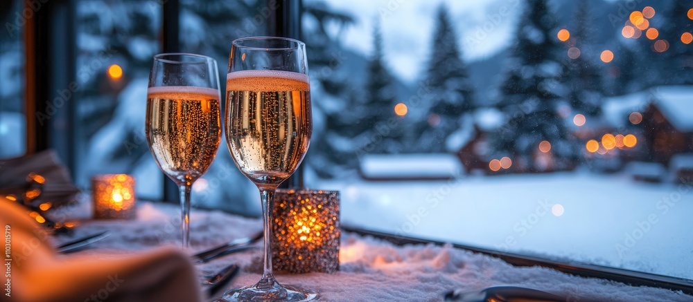 Poster elegant champagne glasses set on a festive table with snow-covered pine trees and twinkling lights i
