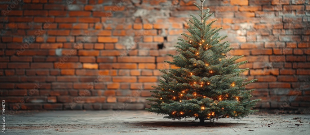 Poster christmas tree decorated with lights in an empty room against a rustic brick wall setting for holida