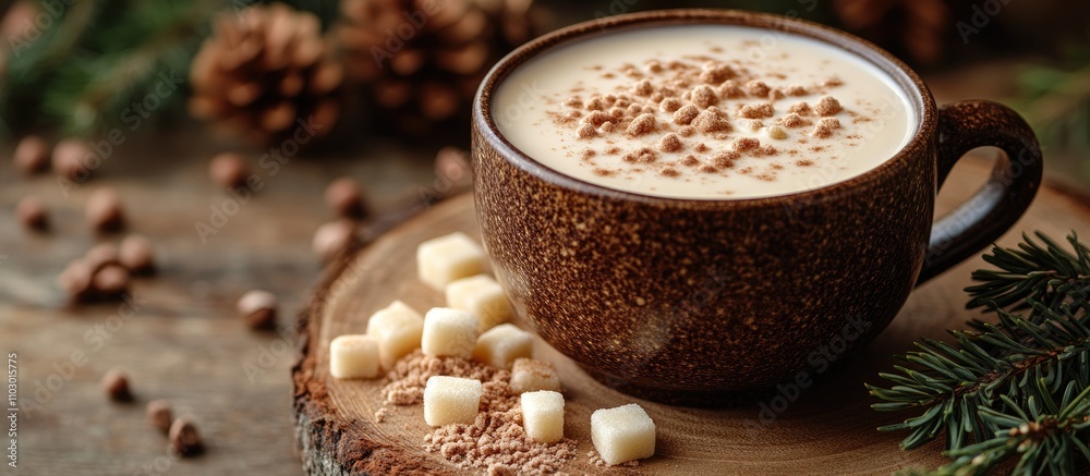 Poster cozy cup of cocoa topped with brown sugar next to conifer branches on rustic wooden surface perfect 
