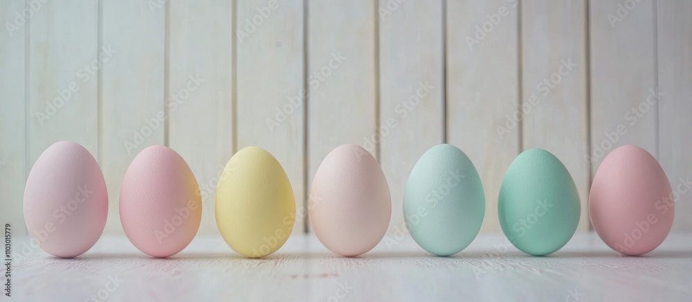 Aufkleber pastel colored easter eggs arranged on a rustic white wooden background creating a festive spring at
