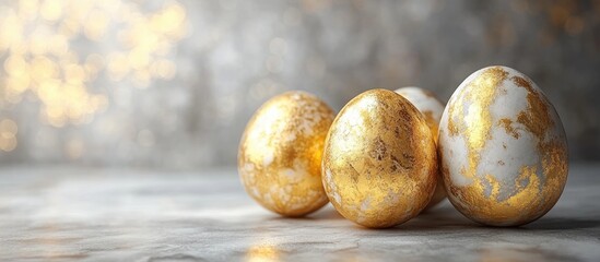Elegant decorative Easter eggs in gold and white arrangement on soft gray background with bokeh lighting and ample copy space for text.