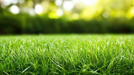 Close-up of lush green grass illuminated by sunlight, with a softly blurred park background capturing the vibrant essence of spring and nature.