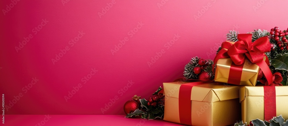 Poster gold christmas gift boxes with red ribbon on pink background creating a festive atmosphere with ampl