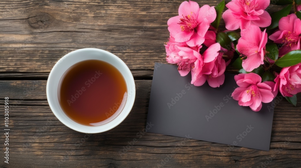 Aufkleber cup of black tea with flowers and a blank card on rustic wooden surface creating a cozy and inviting