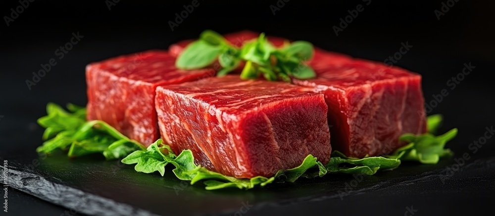 Poster fresh beef cubes garnished with green lettuce on a slate board against a dark background for culinar