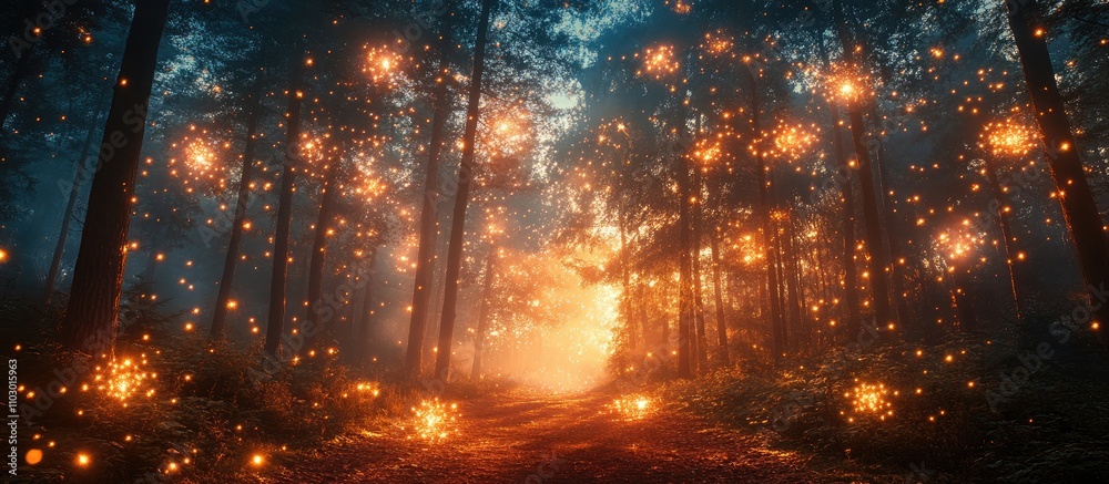 Poster magical forest scene illuminated by vibrant fireworks amidst tall trees and a misty atmosphere at du