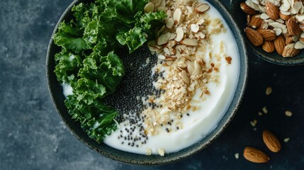 Healthy yogurt bowl featuring calcium-rich foods such as leafy greens, almonds, and seeds arranged artfully, showcasing a nutritious, bone-friendly diet in vibrant food photography.