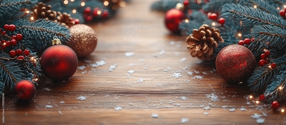 Aufkleber winter holiday backdrop featuring christmas tree branches with ornaments and pinecones on a wooden s