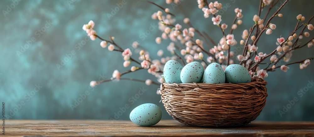 Poster easter decoration with willow branches and pastel eggs in wicker basket on rustic wooden table again