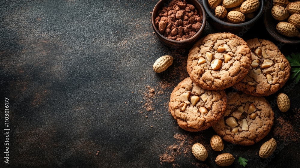 Poster peanut cookies with raw peanuts in shells on a rustic wooden background showcasing delicious dessert