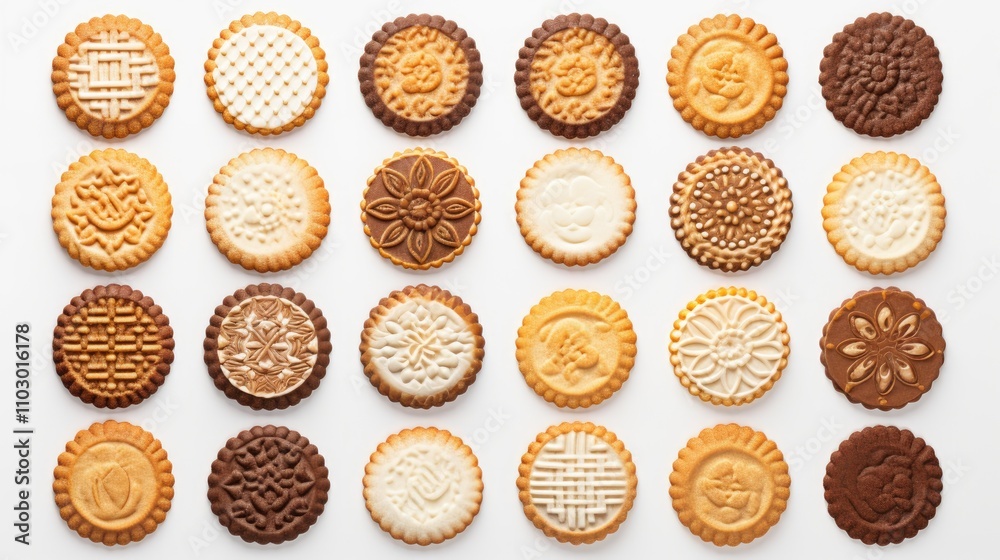 Poster assorted round cookies in various designs on a white background mockup for bakery artwork and promot