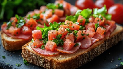 Freshly prepared open-faced sandwiches with ham, diced tomatoes, and salad greens on artisanal bread, garnished with herbs and spices.