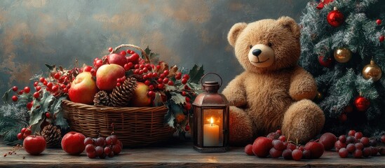 Cozy festive scene with a toy bear candle lantern basket of fruit and decorated Christmas tree on a wooden table background