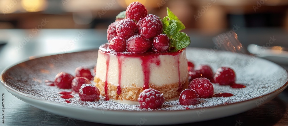 Poster Elegant raspberry cheesecake with fresh berries and mint on a stylish plate garnished with powdered sugar and raspberry sauce.
