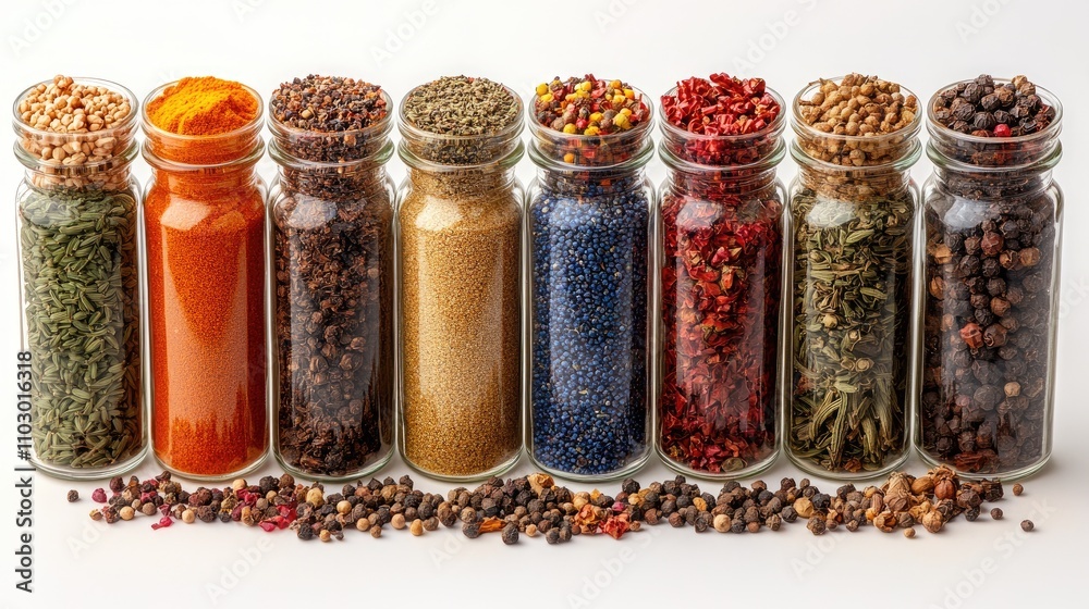 Poster Assorted glass jars filled with colorful spices arranged in a row on a white background showcasing culinary diversity and flavor options