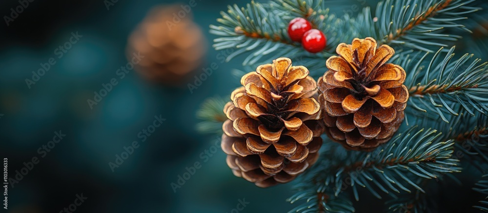 Aufkleber pine cones and red berries on a lush evergreen branch creating a festive atmosphere suitable for chr
