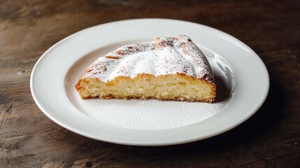 Stollen cake slice on a white plate, generously dusted with powdered sugar, set against a rustic wooden background.