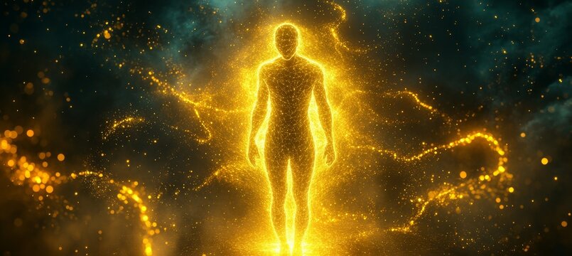 Glowing human figure with golden yellow chakra aura. Religion spiritual wisdom. Generative AI technology.	
