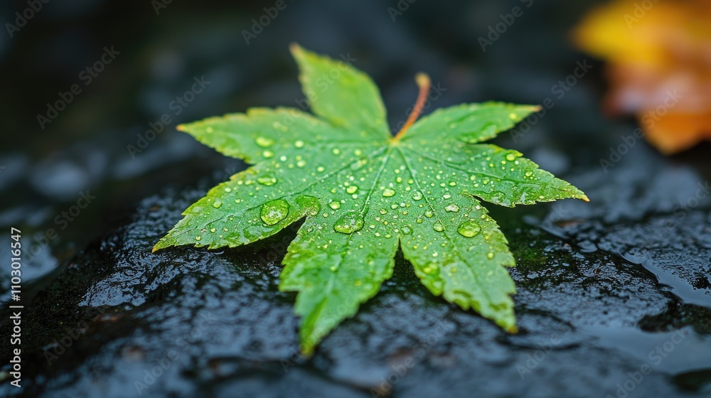 Poster raindrops on a vibrant green maple leaf resting on a dark wet stone surface in nature's serene envir