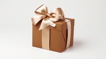 Obraz premium Elegant brown gift box with silk ribbon bow on top isolated on white background ideal for presents and special occasions.