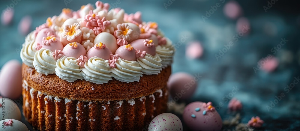 Poster easter cake with pastel icing and decorated eggs surrounded by gingerbread on a blue background with
