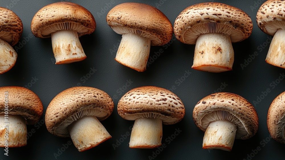 Poster fresh brown mushrooms arranged neatly on a dark backdrop showcasing their natural textures and shape