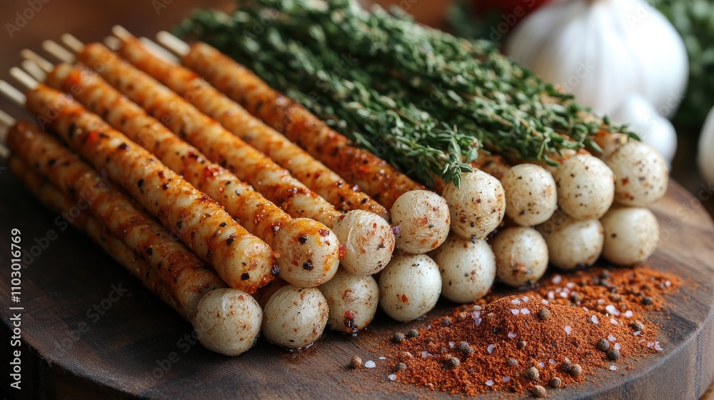 Poster culinary seasoning selection with textured skewers and herbs for enhancing lamb dishes and grilling 